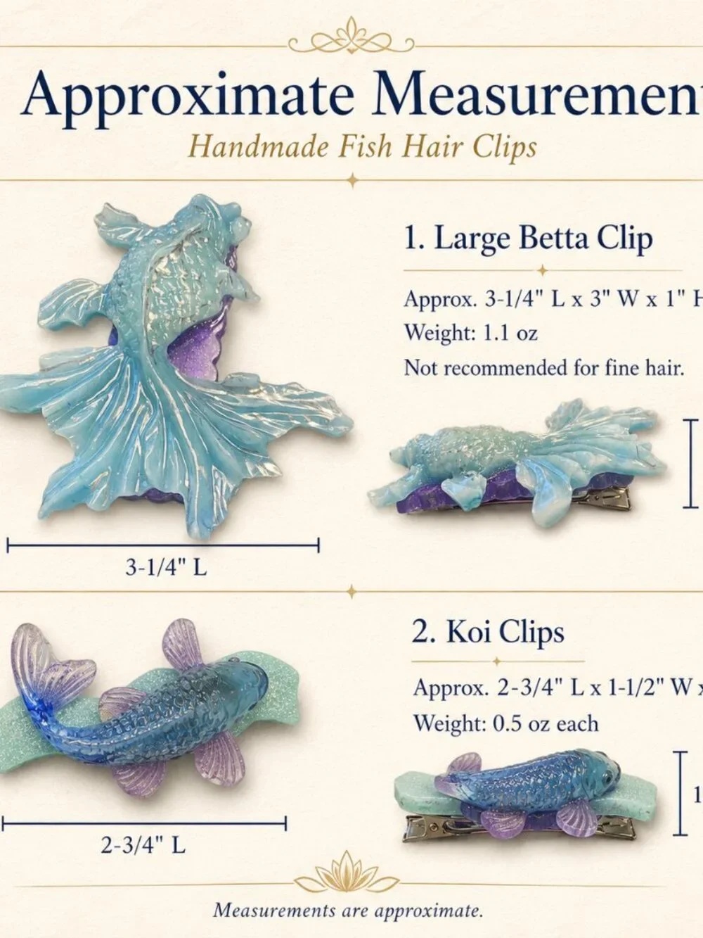 Handmade Resin Betta Koi Fish Hair Clips Trio, Sea Green Blue Purple Accents